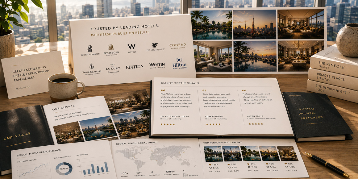 Desk collage of client brand boards, testimonial pages and performance reports